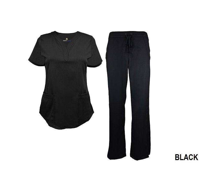 Black Womens Drawstring Scrub Pant Shirt Set Strect Soft Modern Fit 2 ...